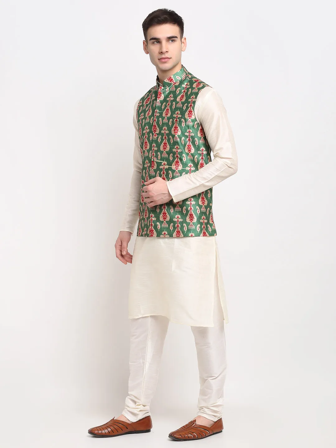 Men's Off-white Dupion Silk Kurta with Churidar & Nehru Jacket ( JOKPWC W-D 4025Green ) - Virat Fashions