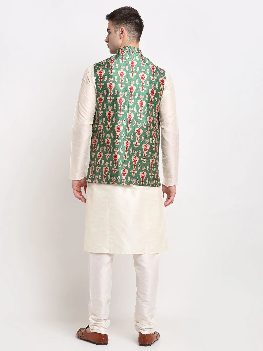 Men's Off-white Dupion Silk Kurta with Churidar & Nehru Jacket ( JOKPWC W-D 4025Green ) - Virat Fashions