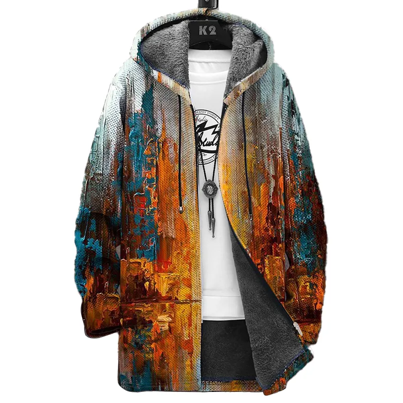 Men's Printed Hooded Two-Pocket Plush Thickened Long-Sleeved Cardigan Jacket 77481036L