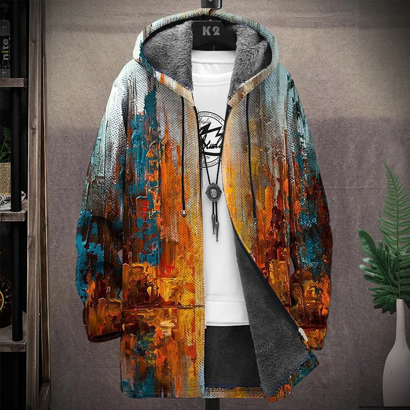 Men's Printed Hooded Two-Pocket Plush Thickened Long-Sleeved Cardigan Jacket 77481036L