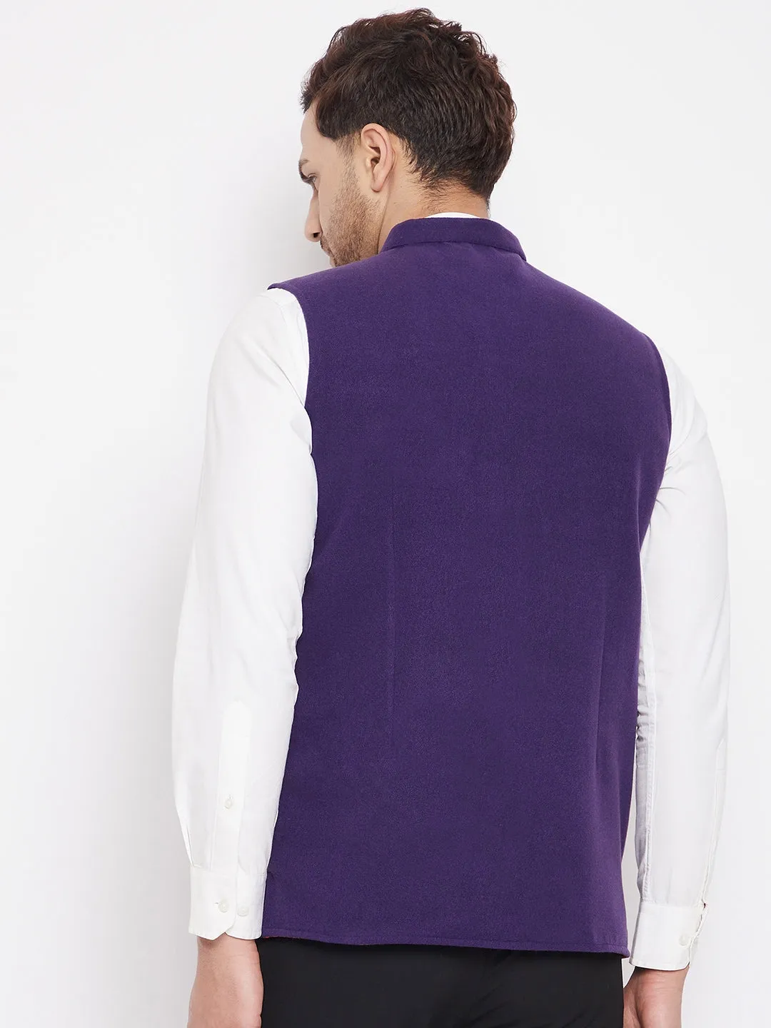 Men's Purple Color Nehru Jacket-Contrast Lining-Inbuilt Pocket Square - Even Apparels