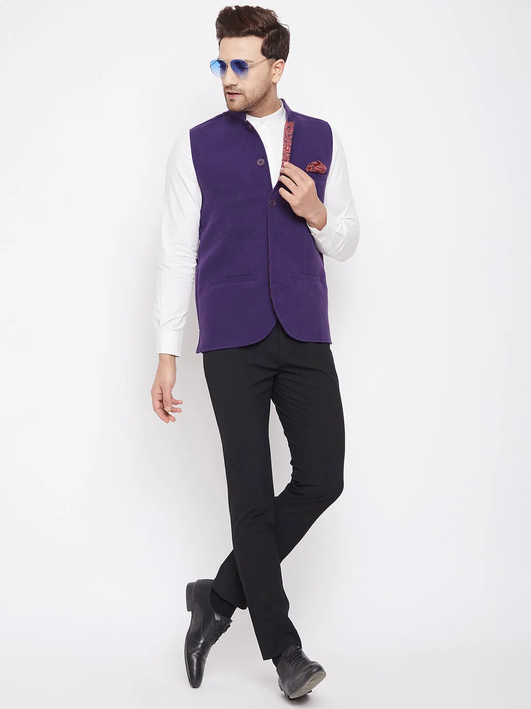 Men's Purple Color Nehru Jacket-Contrast Lining-Inbuilt Pocket Square - Even Apparels