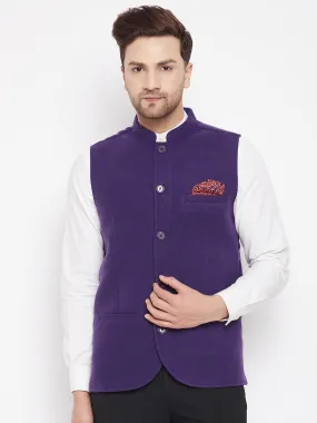 Men's Purple Color Nehru Jacket-Contrast Lining-Inbuilt Pocket Square - Even Apparels