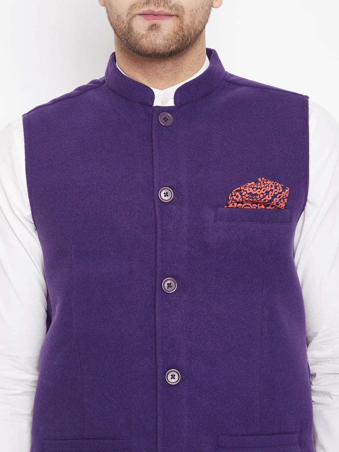 Men's Purple Color Nehru Jacket-Contrast Lining-Inbuilt Pocket Square - Even Apparels