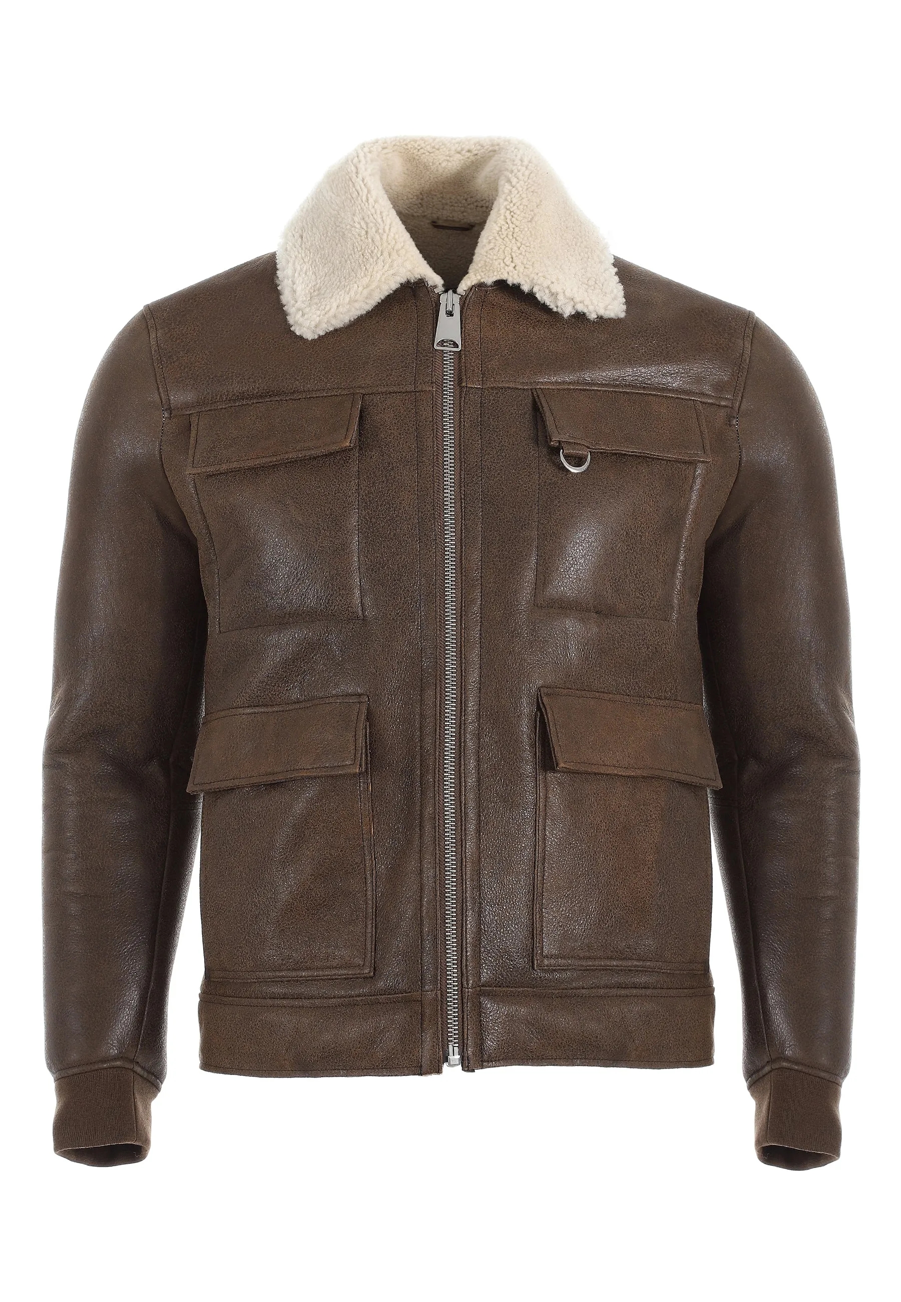 Men's Shearling Bomber Jacket, Vintage Camel with Beige Curly Wool