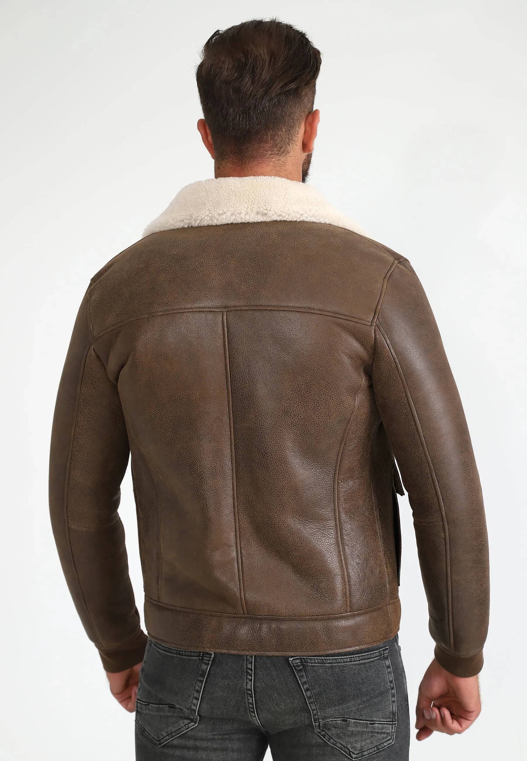 Men's Shearling Bomber Jacket, Vintage Camel with Beige Curly Wool