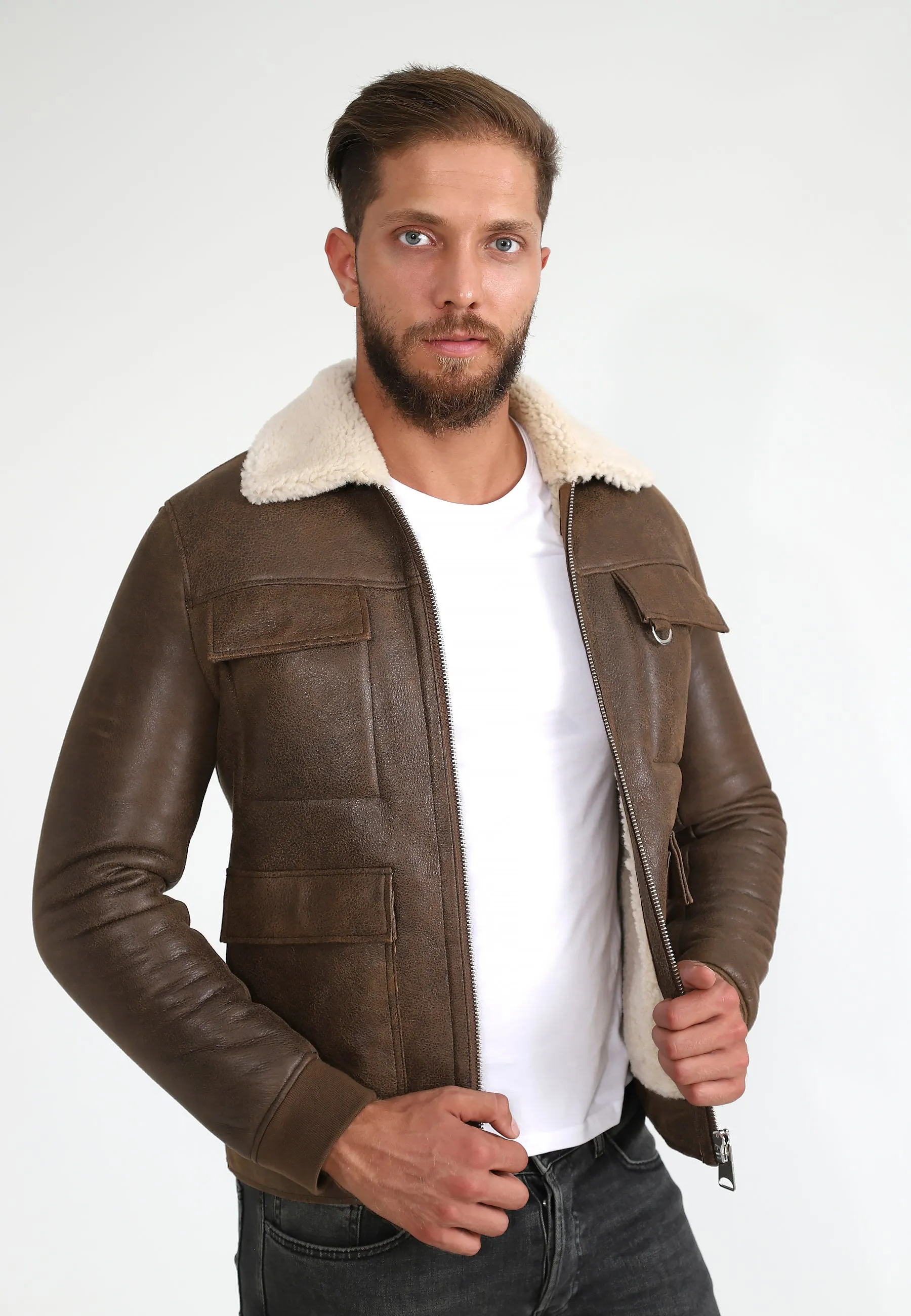 Men's Shearling Bomber Jacket, Vintage Camel with Beige Curly Wool