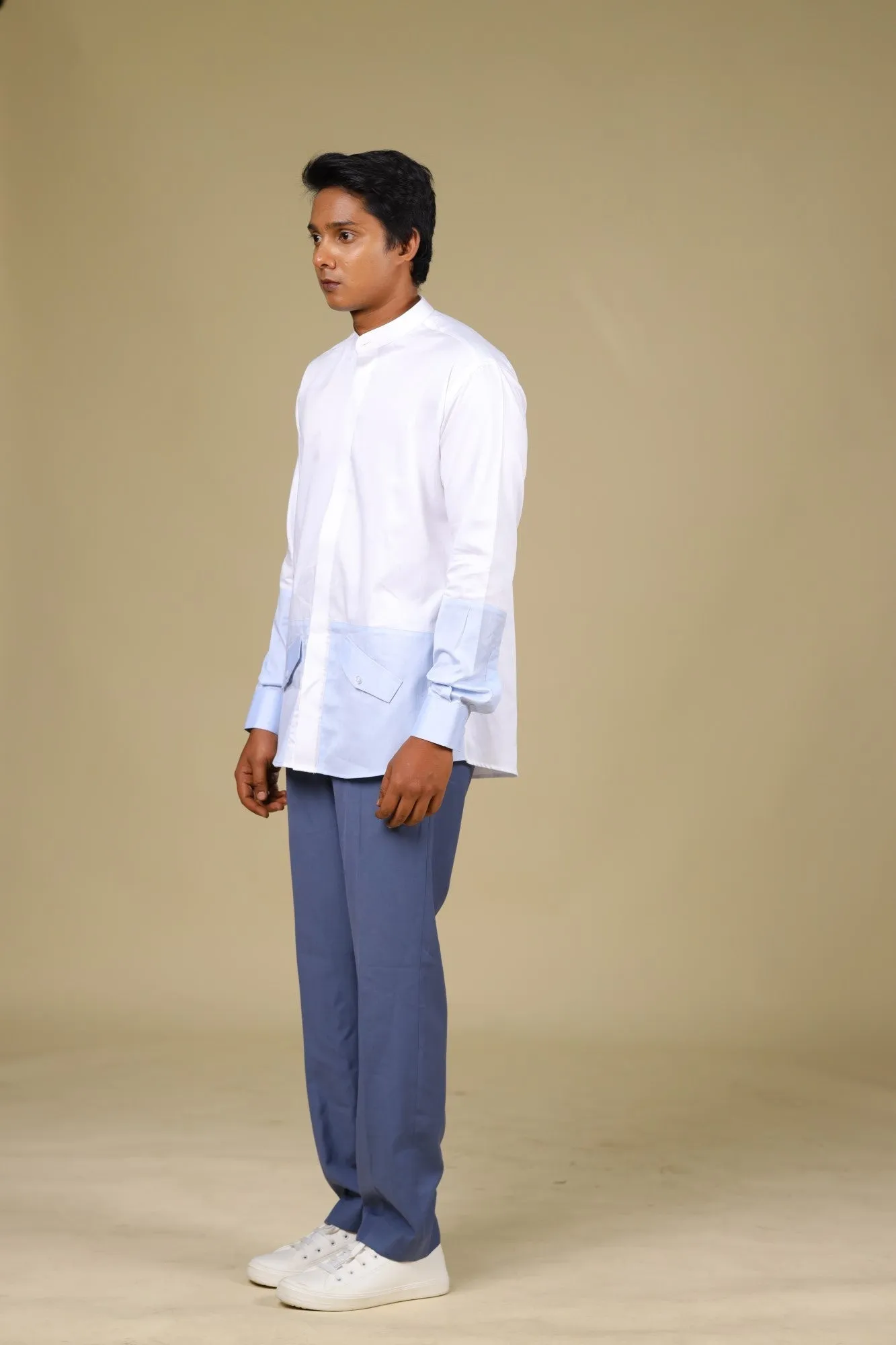 Men's White & Light Blue Color Light Sinum Shirt Full Sleeves Casual Shirt - Hilo Design