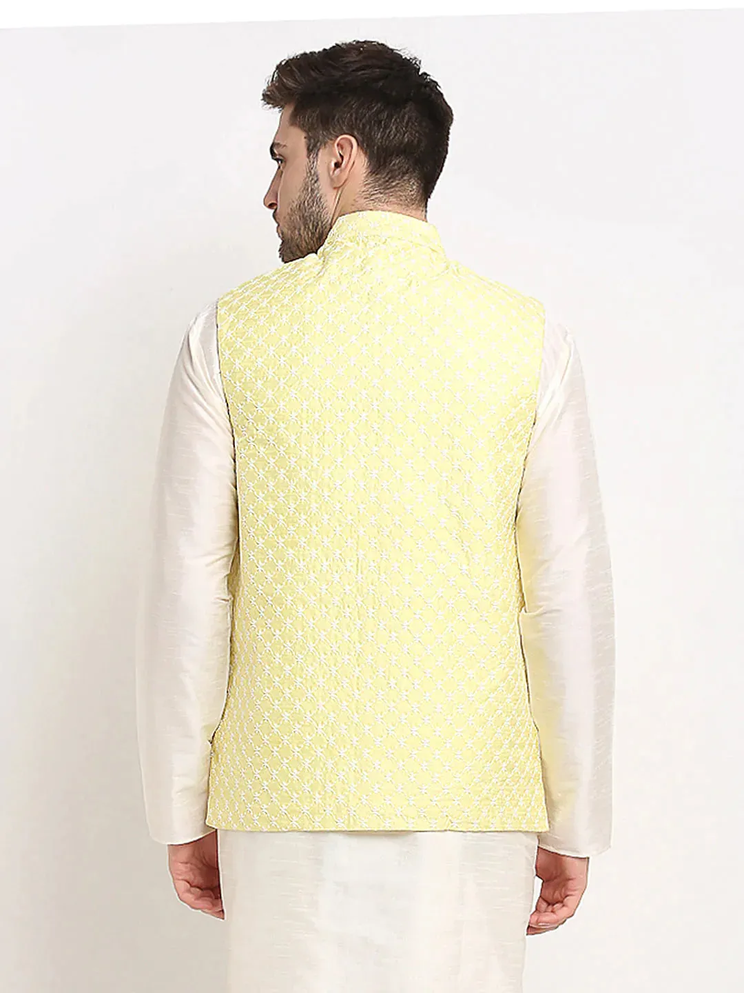 Men'S Yellow Yellow And White Embroidered Nehru Jacket