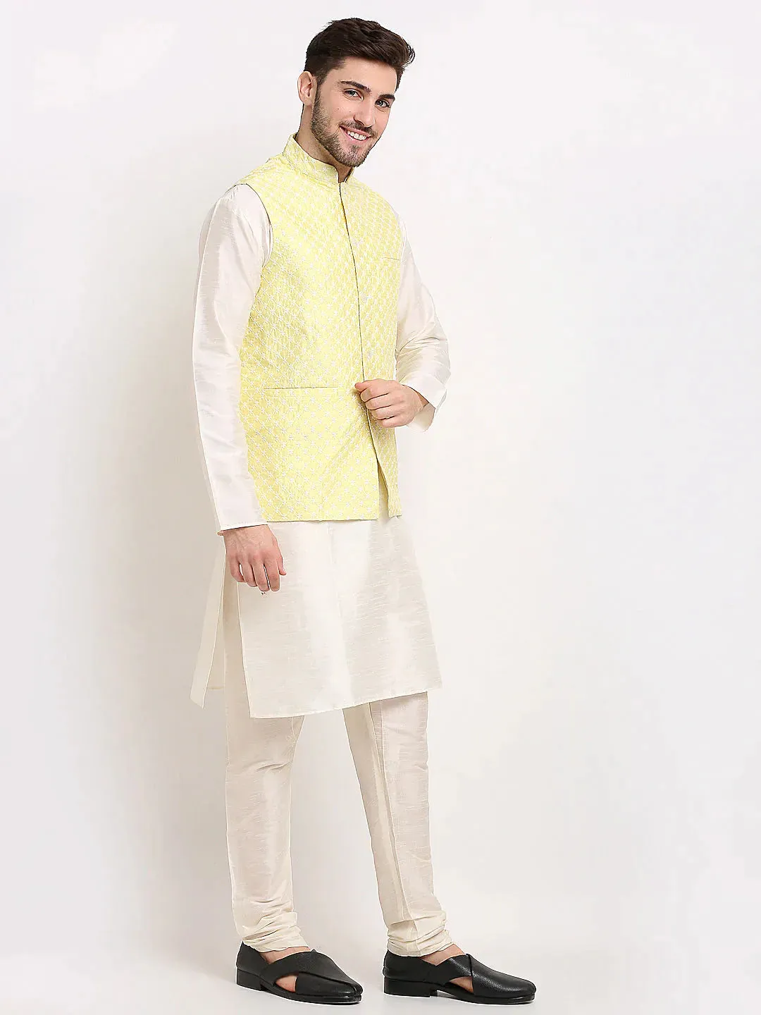 Men'S Yellow Yellow And White Embroidered Nehru Jacket