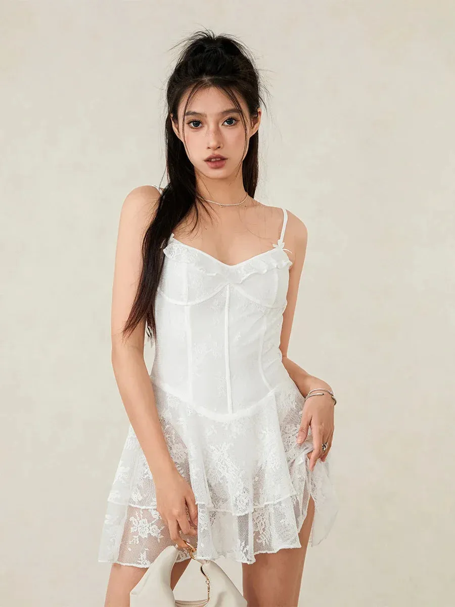 Mini Floral Lace Ruffle Short Corset Spaghetti Strap Music Festival Coachella Casual Lace Dress