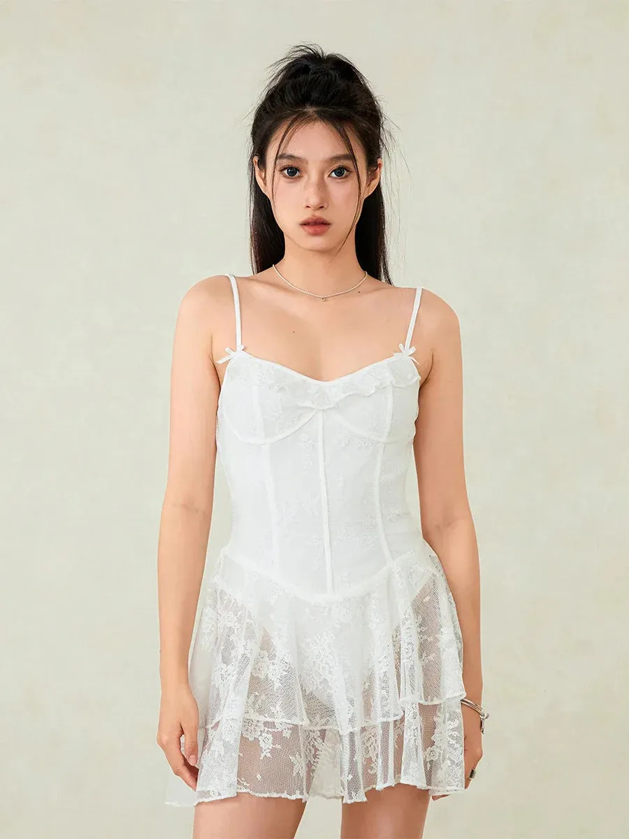 Mini Floral Lace Ruffle Short Corset Spaghetti Strap Music Festival Coachella Casual Lace Dress