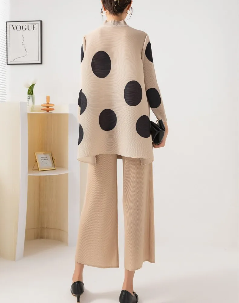 Miyake Pleated Polka Dot Top and Wide-Leg Pants Set