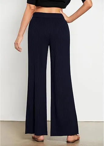 Navy Blue Women's Casual Elastic Waist Full Length High Waisted Relaxed Fit Stretch Wide Leg Pants in Acrylic Fibers