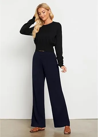 Navy Blue Women's Casual Elastic Waist Full Length High Waisted Relaxed Fit Stretch Wide Leg Pants in Acrylic Fibers