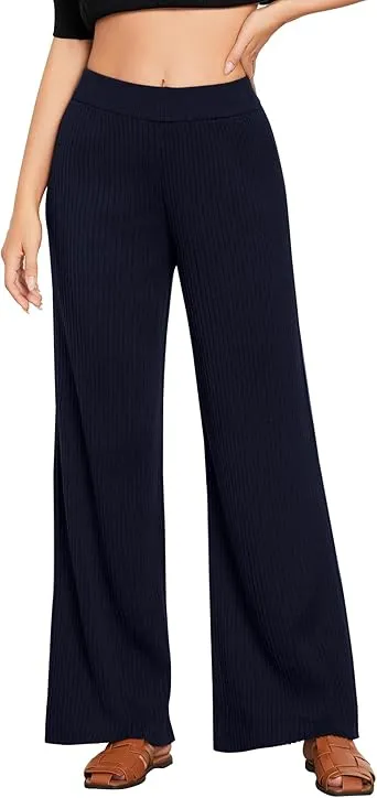 Navy Blue Women's Casual Elastic Waist Full Length High Waisted Relaxed Fit Stretch Wide Leg Pants in Acrylic Fibers