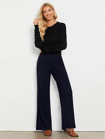 Navy Blue Women's Casual Elastic Waist Full Length High Waisted Relaxed Fit Stretch Wide Leg Pants in Acrylic Fibers