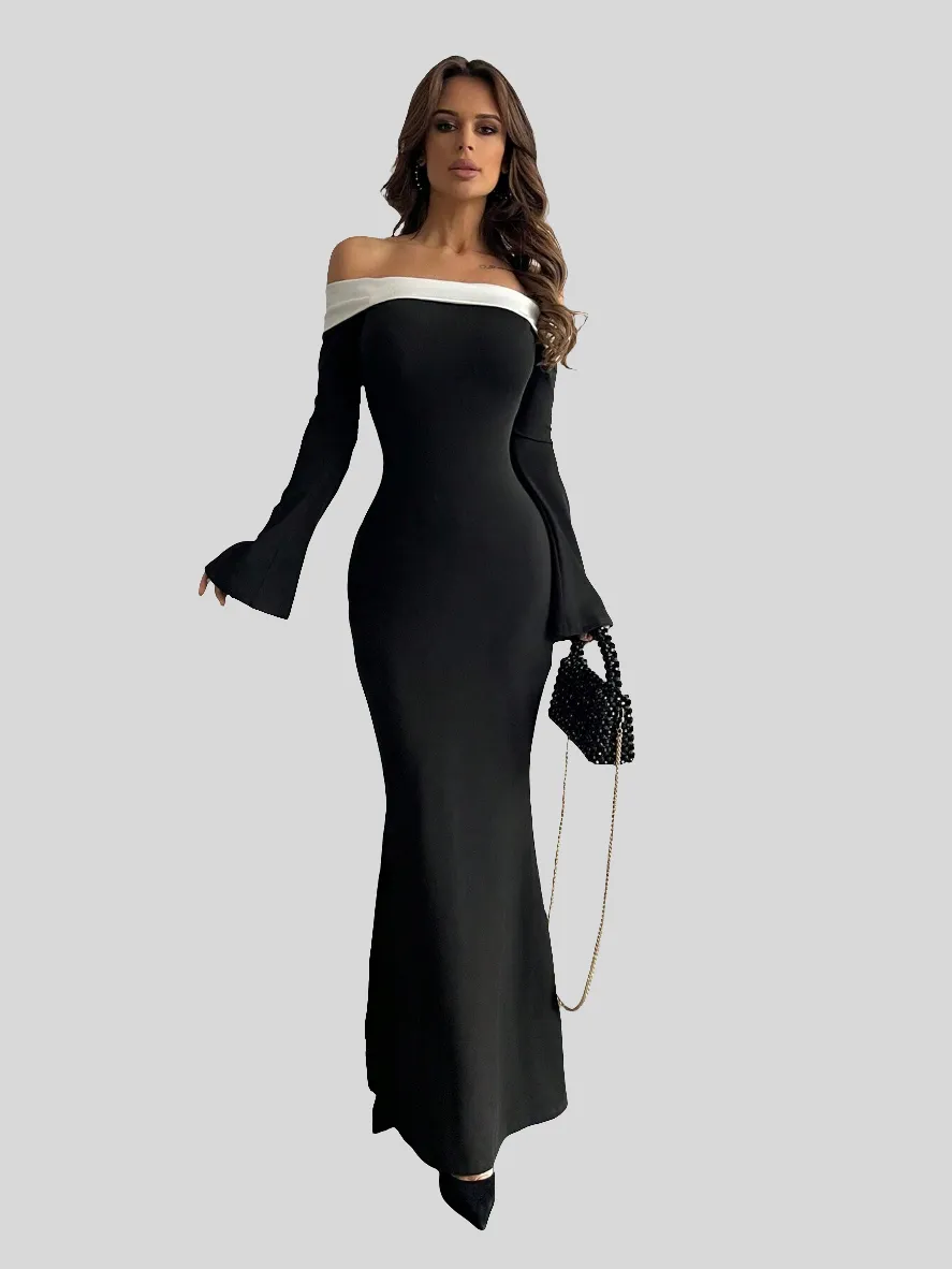 Off Shoulder Bell Sleeve Bodycon Long Black Dress