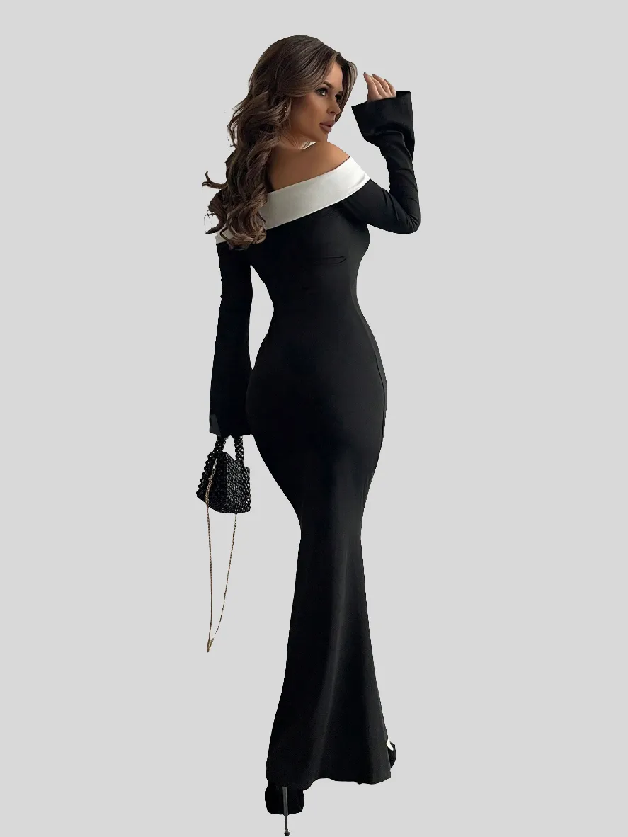 Off Shoulder Bell Sleeve Bodycon Long Black Dress