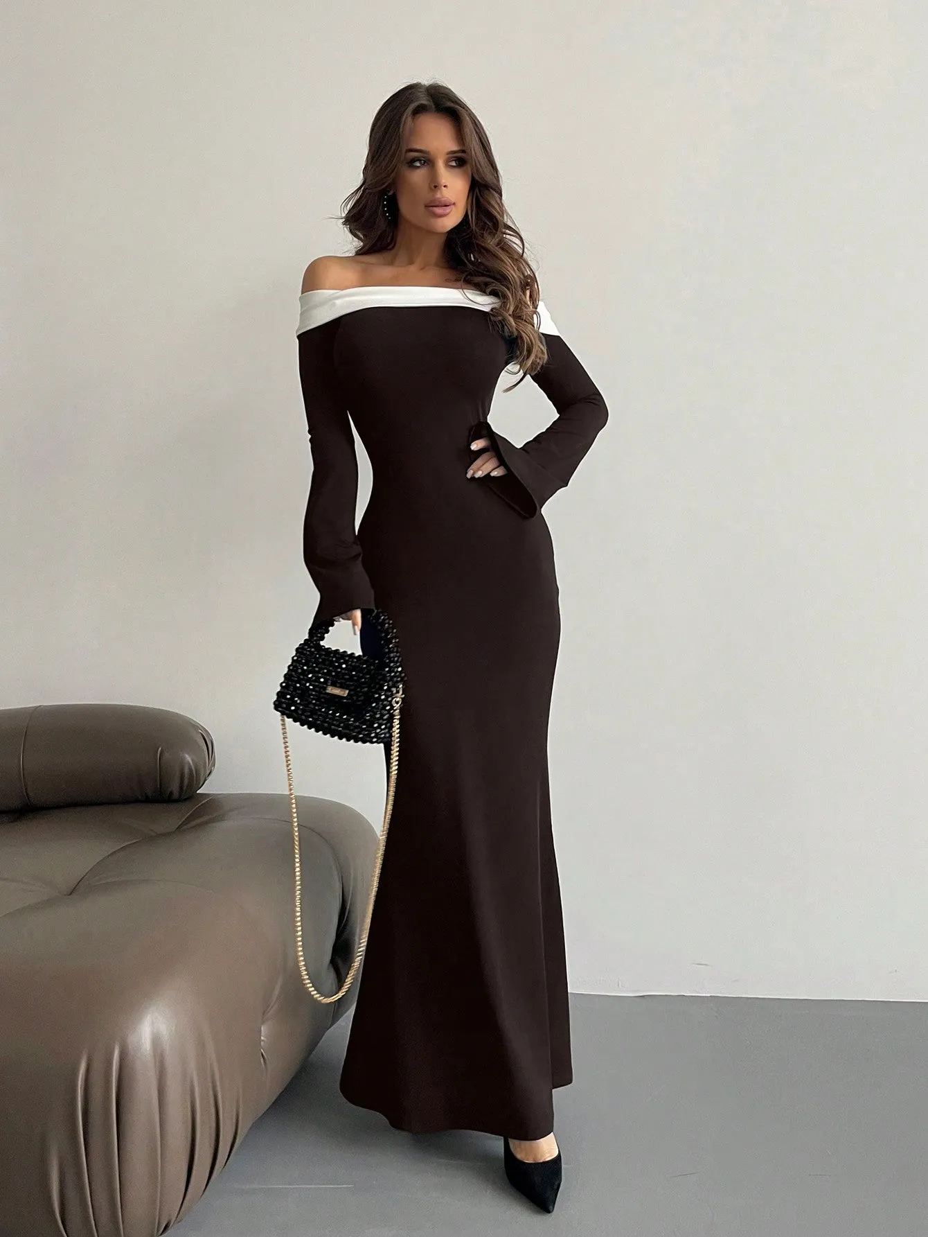 Off Shoulder Bell Sleeve Bodycon Long Black Dress