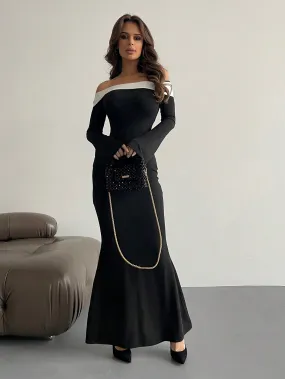 Off Shoulder Bell Sleeve Bodycon Long Black Dress