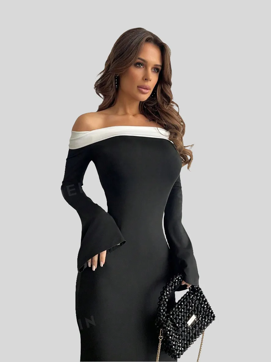 Off Shoulder Bell Sleeve Bodycon Long Black Dress