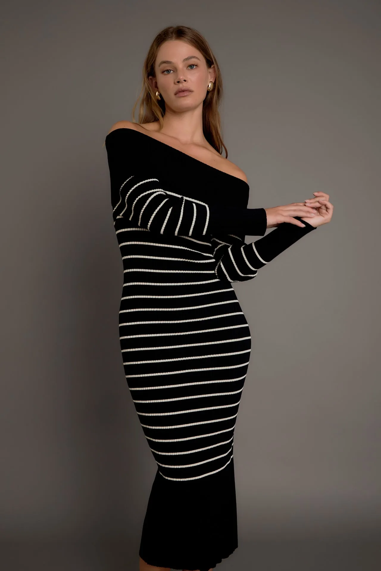 Off Shoulder Fold Striped Maxi Dress