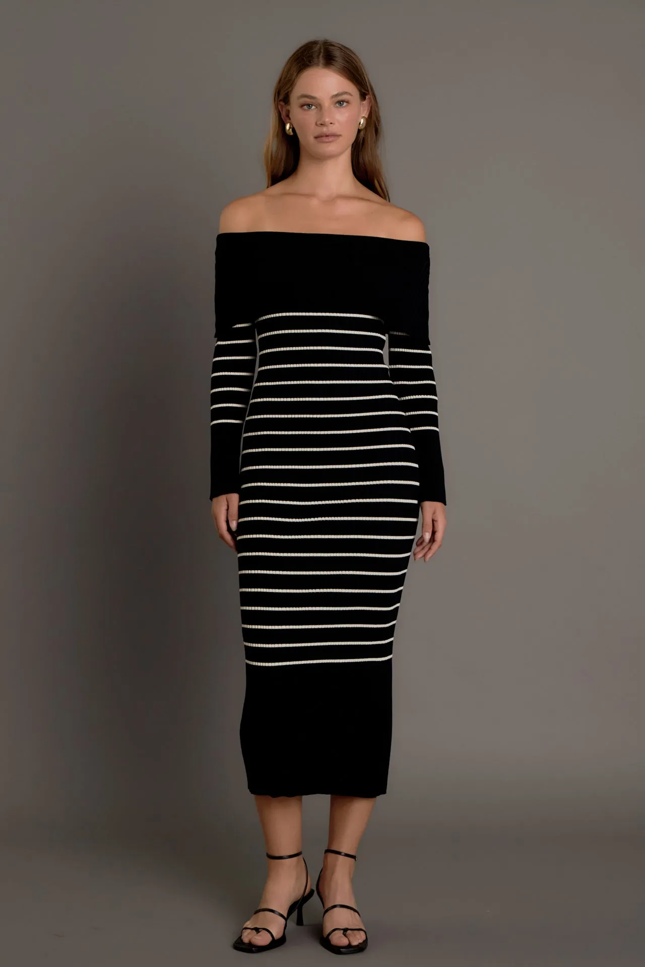 Off Shoulder Fold Striped Maxi Dress