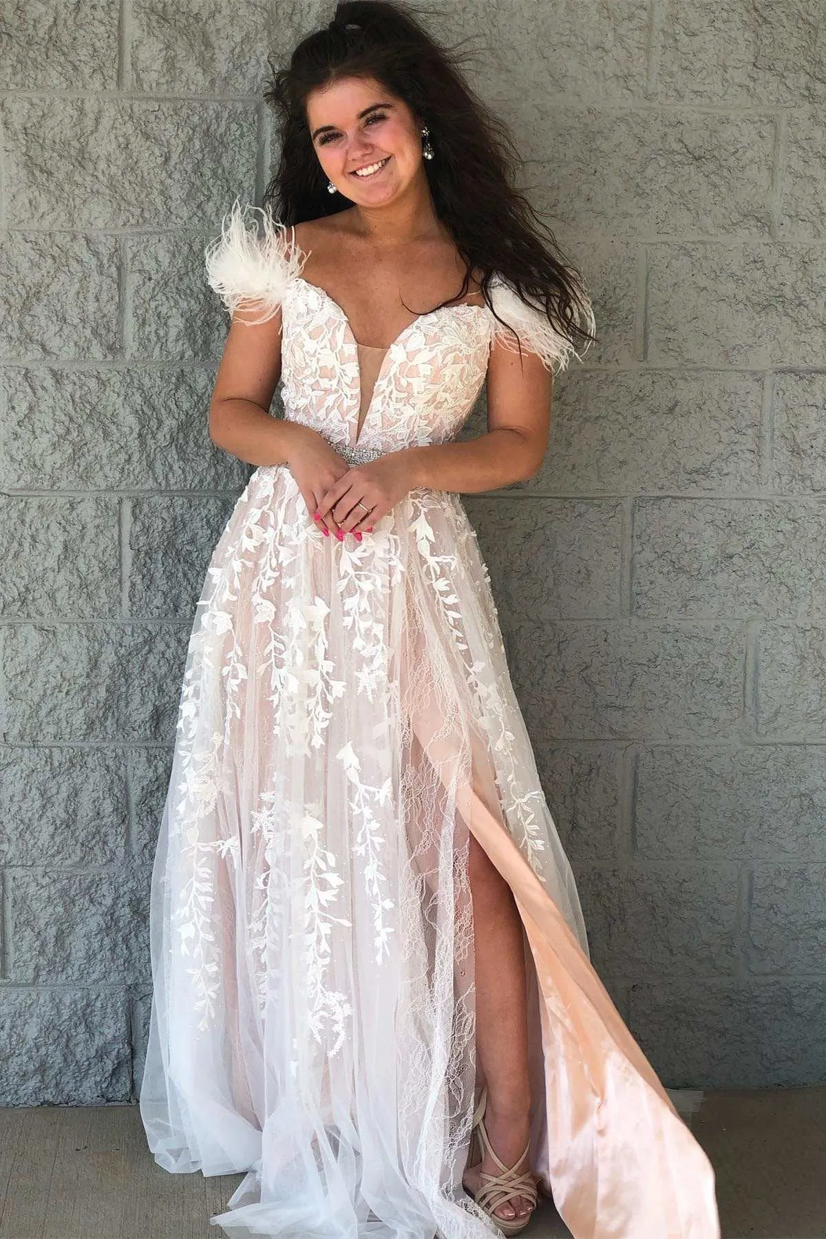 Off Shoulder V Neck Champagne Lace Long Prom Dress with Belt, Champagne Lace Formal Dress, Champagne Evening Dress A1795