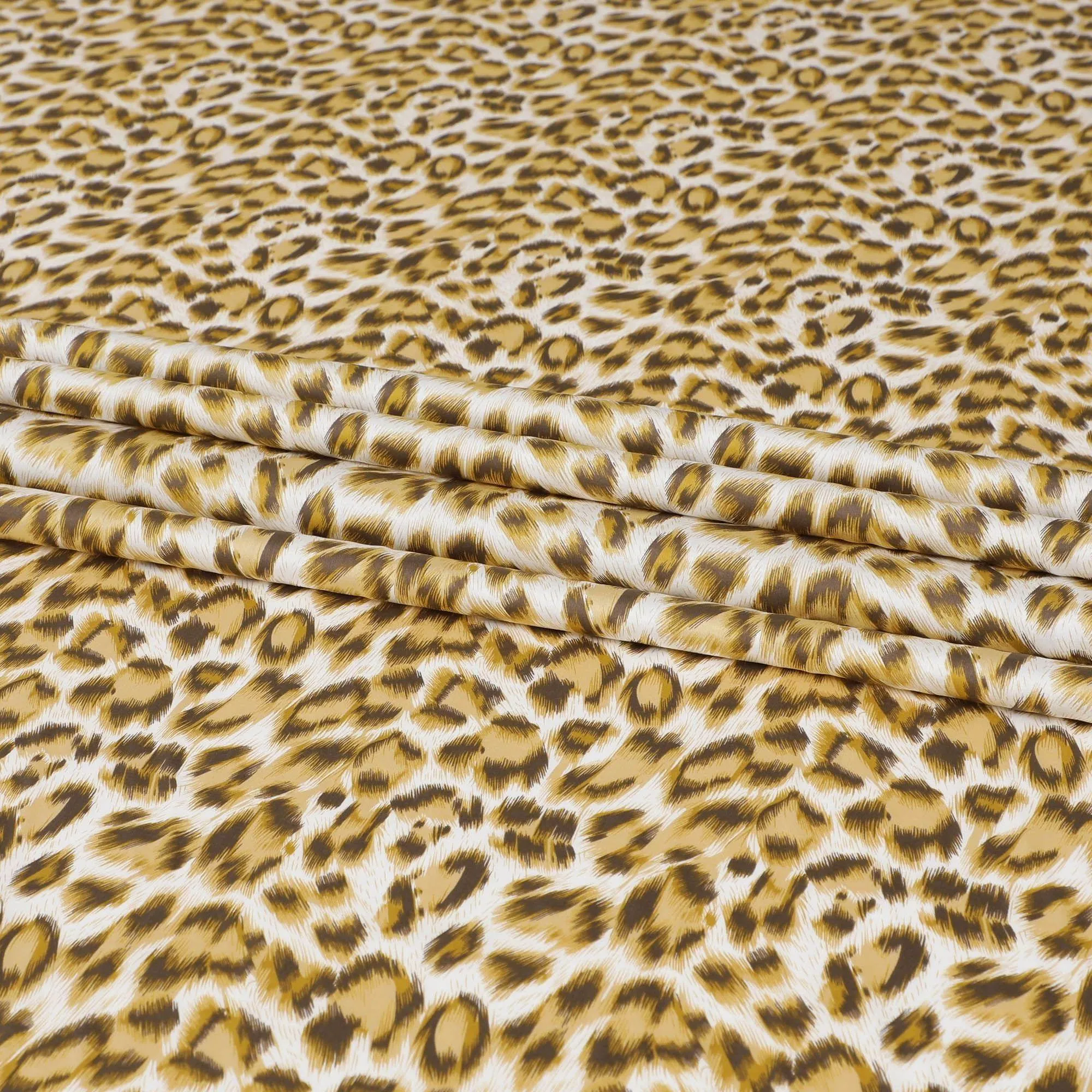 Off white cotton satin fabric with light mustard and brown print in animal skin design-D6996