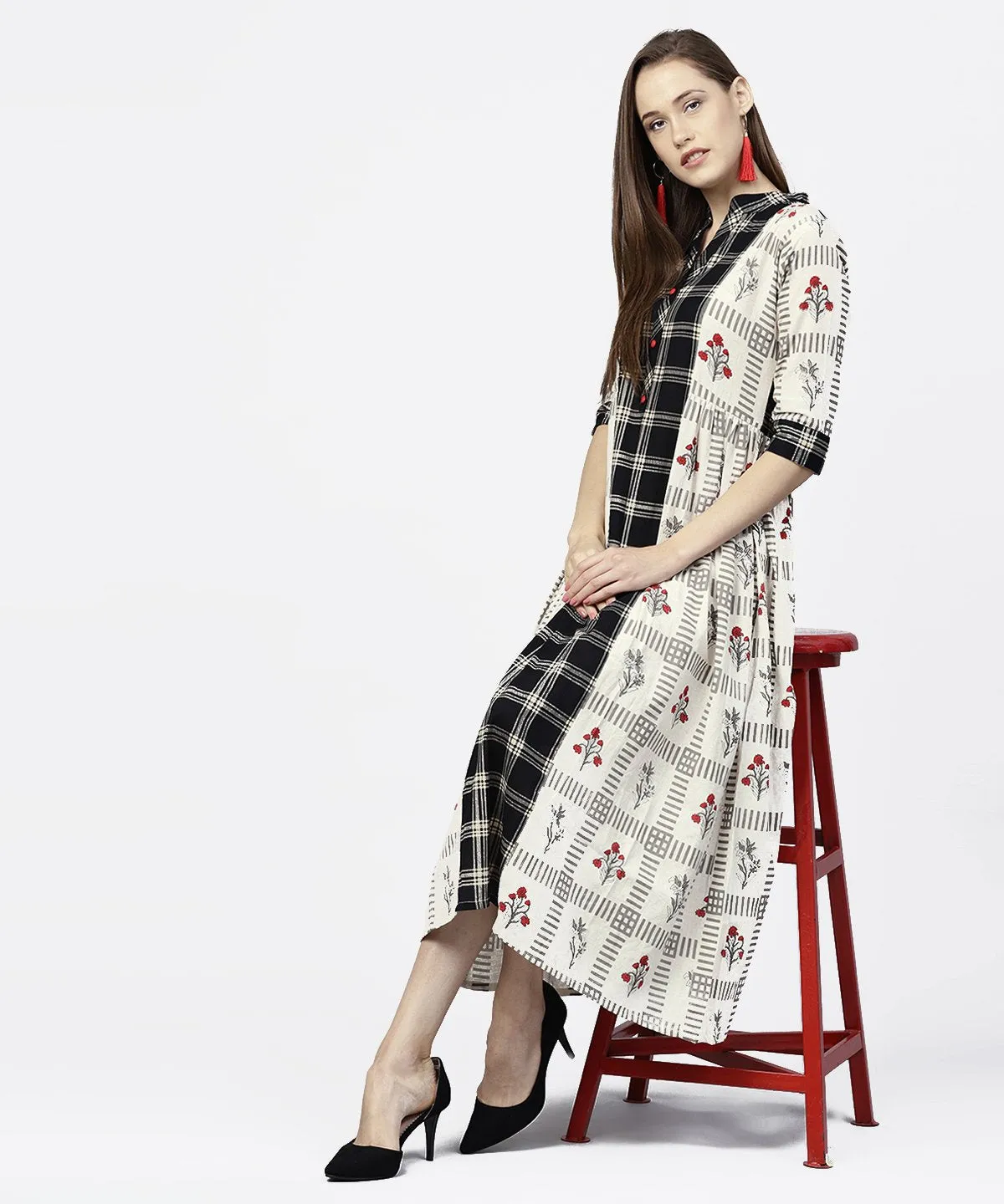 Off White Printed Half Sleeve A-Line Maxi Dress