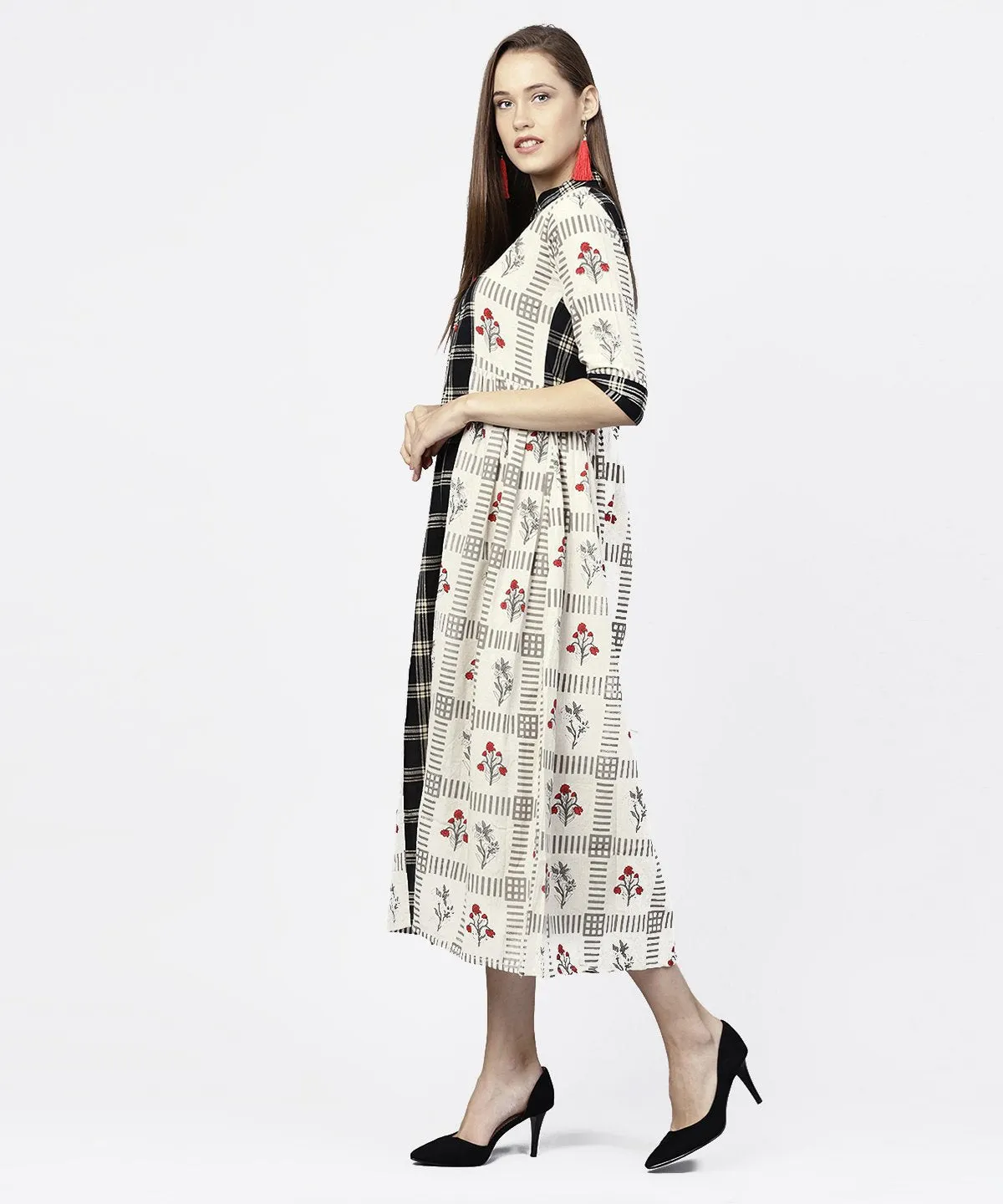 Off White Printed Half Sleeve A-Line Maxi Dress