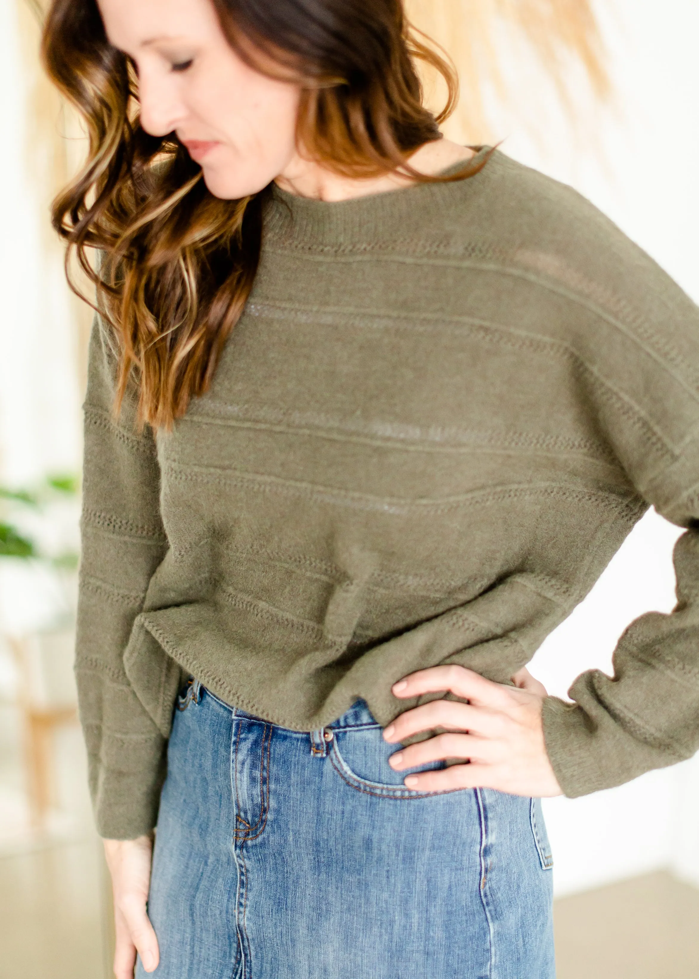 Olive Green Textured Crewneck Sweater - FINAL SALE