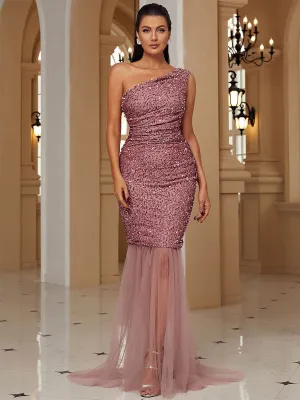 One Shoulder Mermaid Hem Pink Sequin Prom Dress WY37