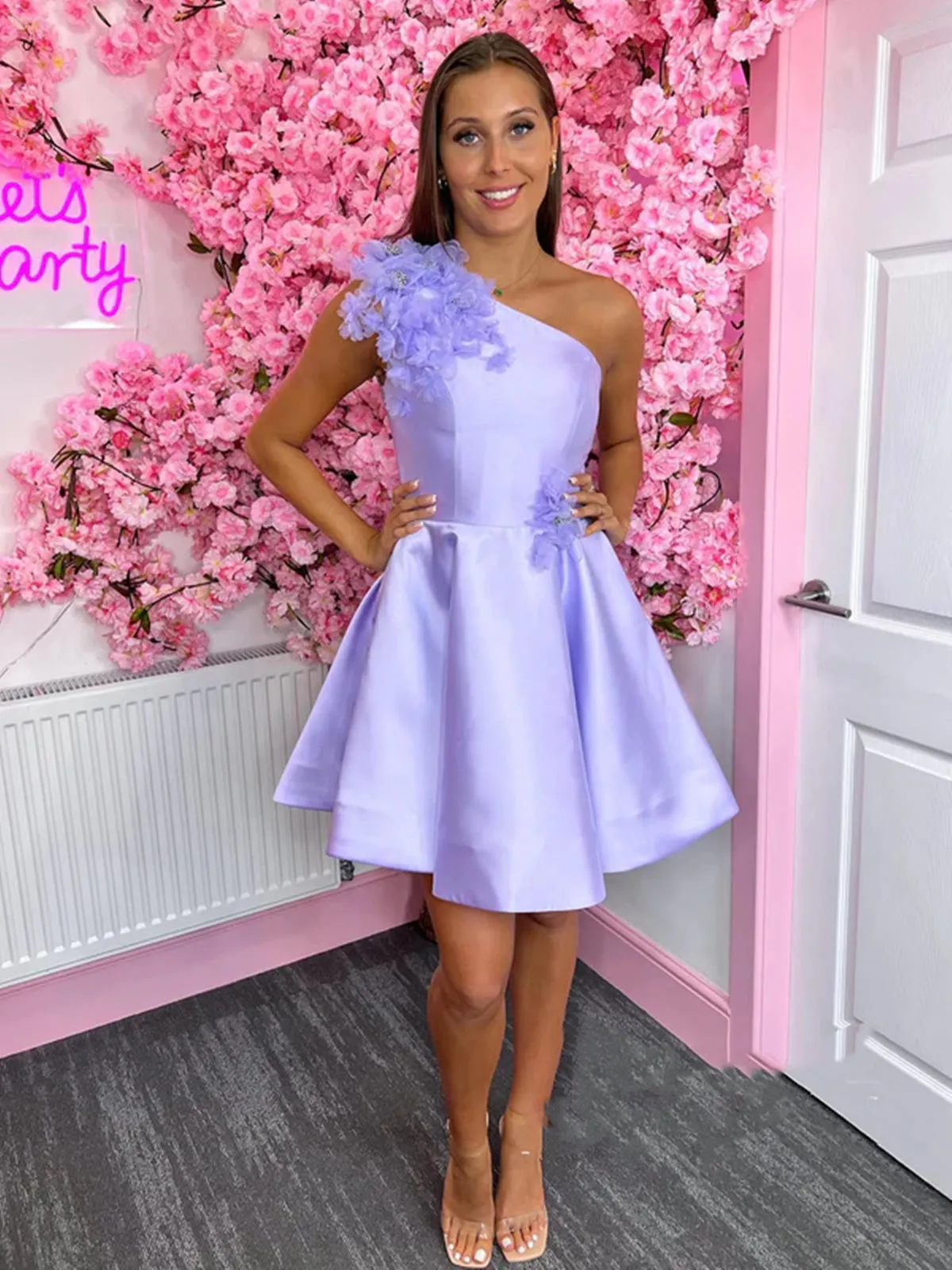 One Shoulder Purple Satin Short Prom Homecoming Dresses, One Shoulder Lilac Formal Graduation Evening Dresses