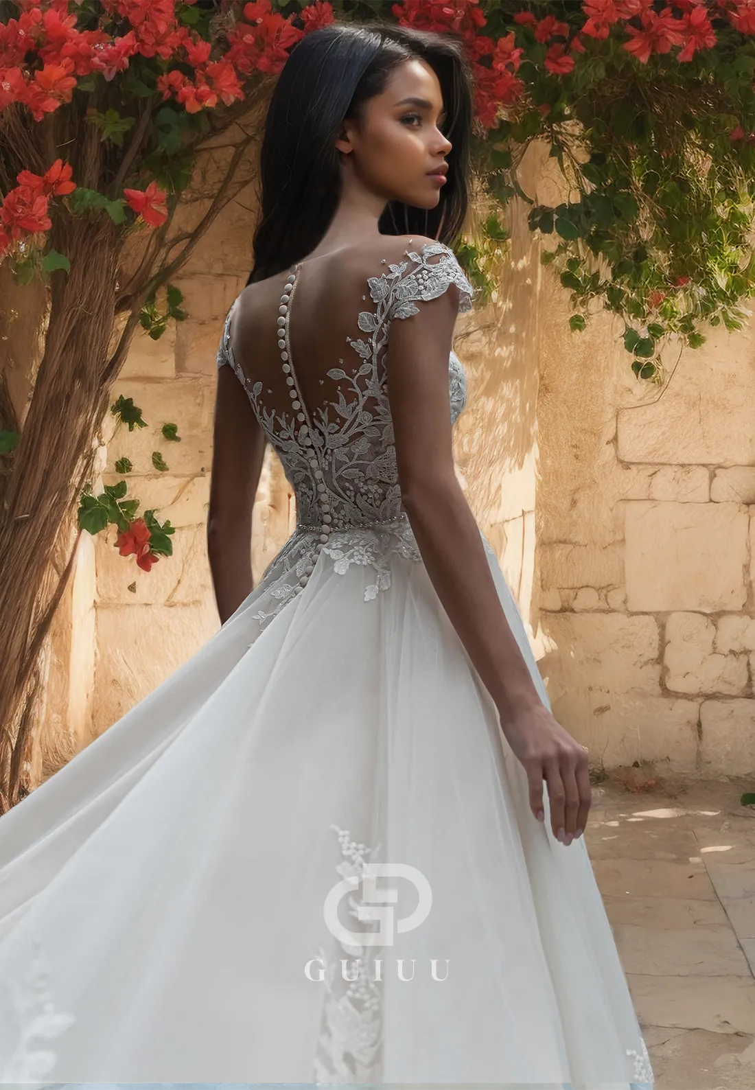 Ornate Off-Shoulder Pleated Tulle Wedding Dress with Beads and Lace Appliques