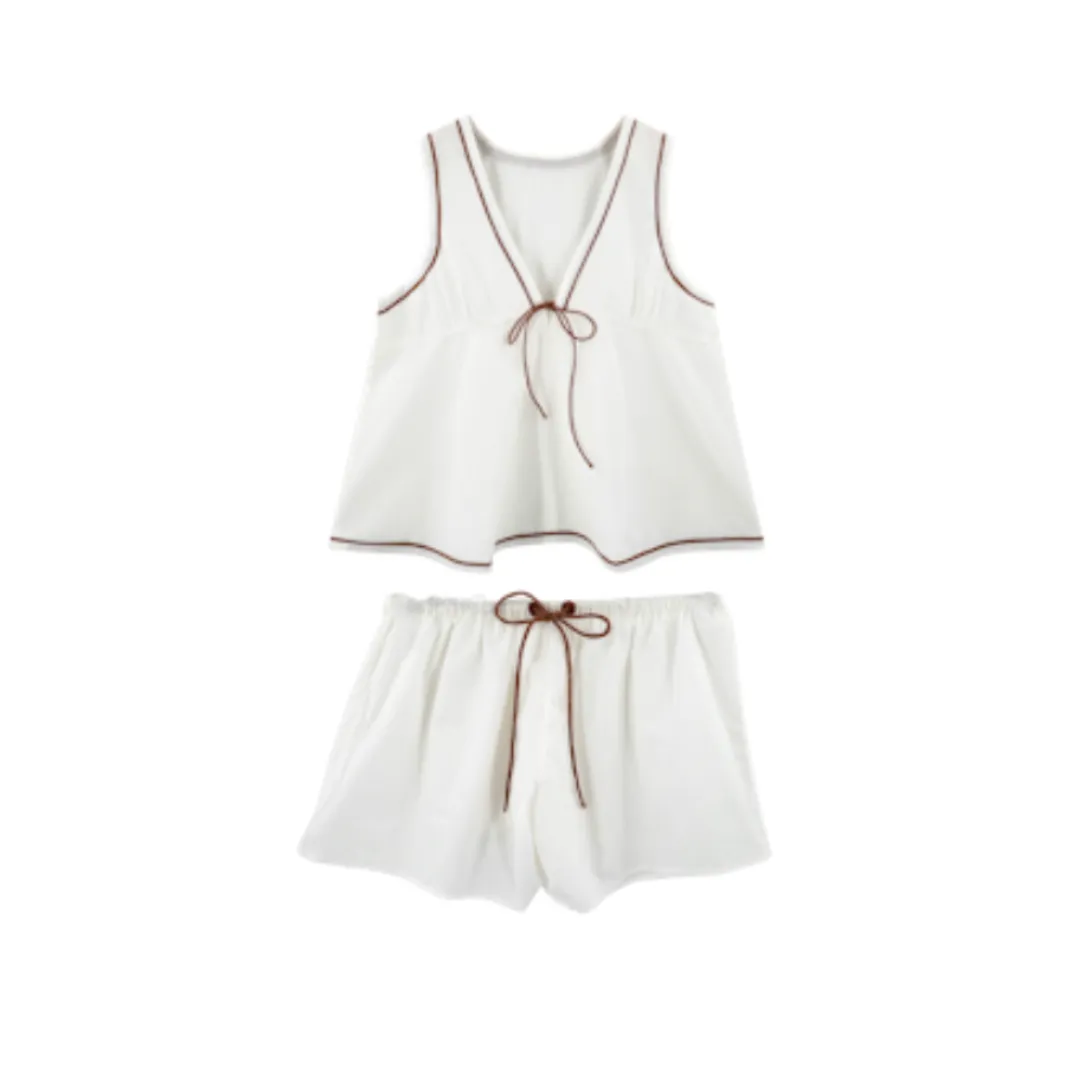 Pajama Top Short &Camisole Set {White}