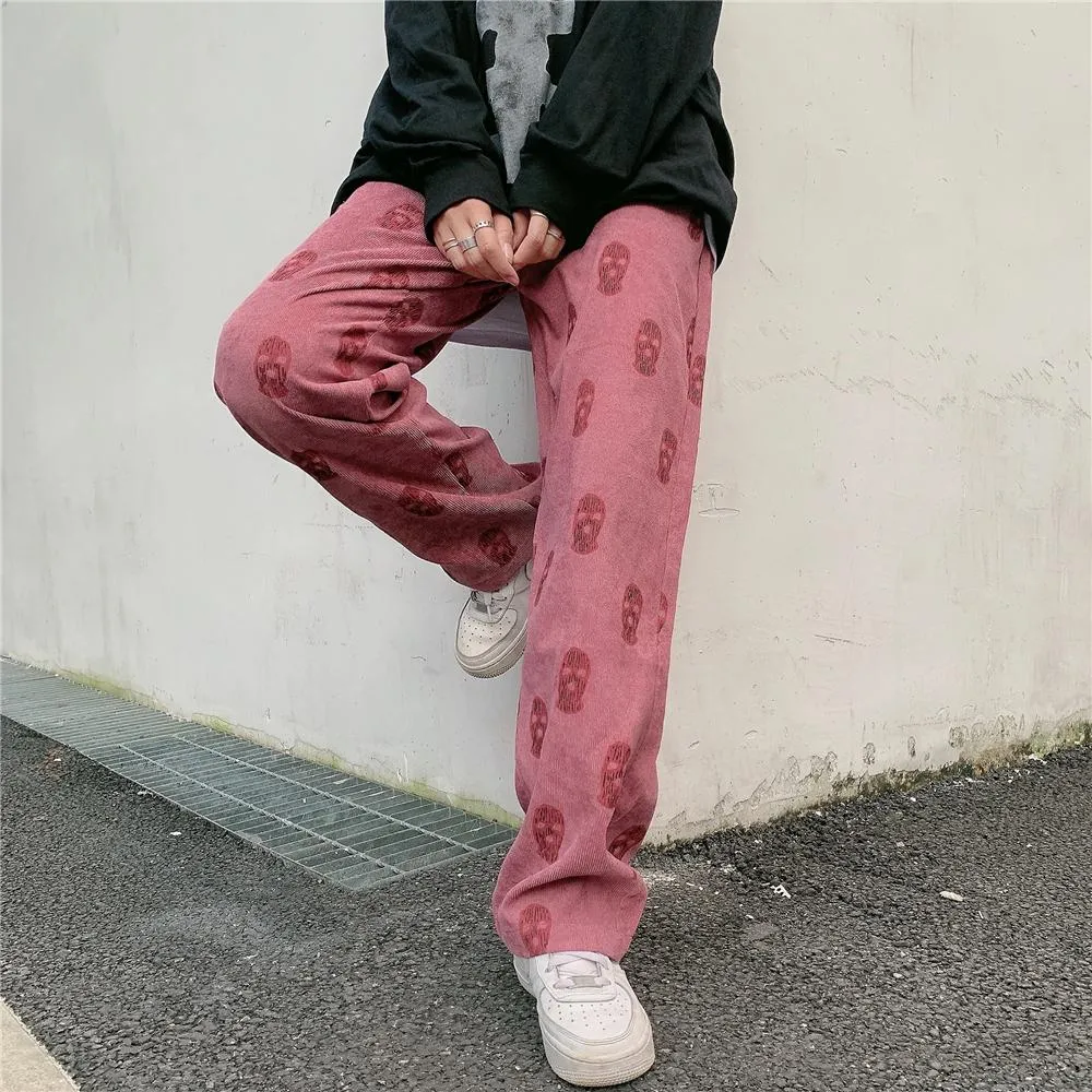 Pink Black Balaclava Print Soft Velvety Loose Pants