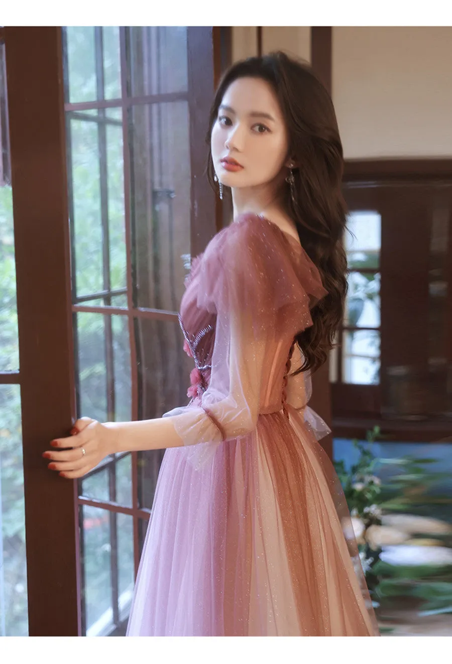 Pink Gradient Tulle A-line Puffy Sleeves Party Dress, Pink Long Prom Dress