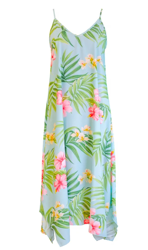 Pink Hibiscus Ladies Hawaiian V Neck Scarf Hem Maxi Dress in Aqua