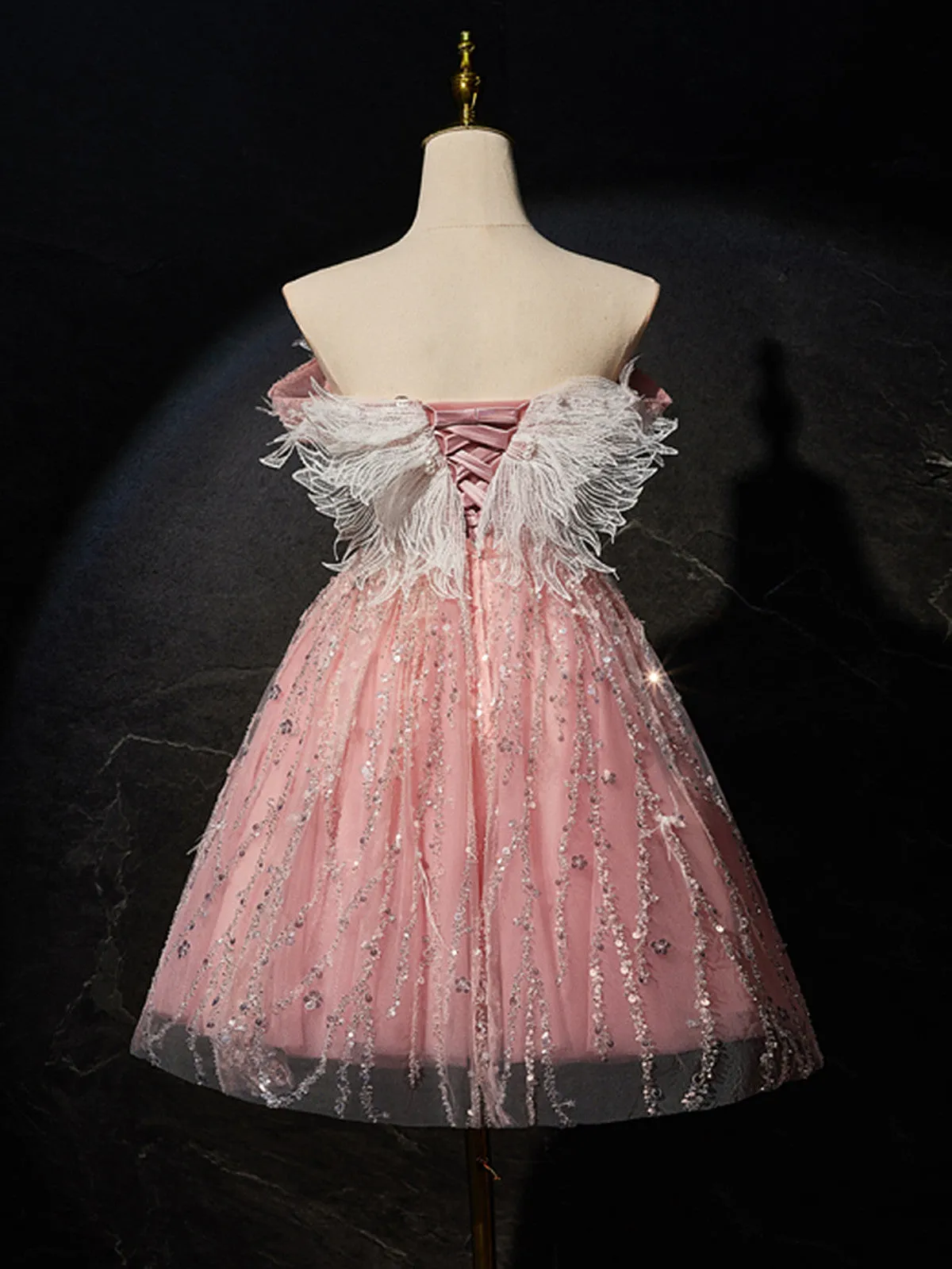 Pink Off Shoulder Shiny Tulle with Lace Party Dress, Pink Homecoming Dress Formal Dress