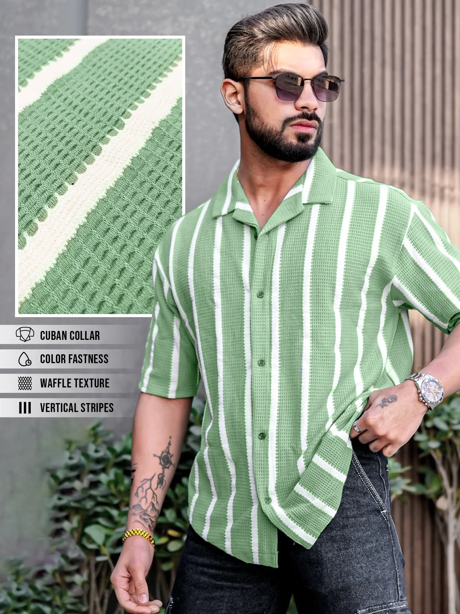 Popcorn Knit Vertical Stripe Green Shirt