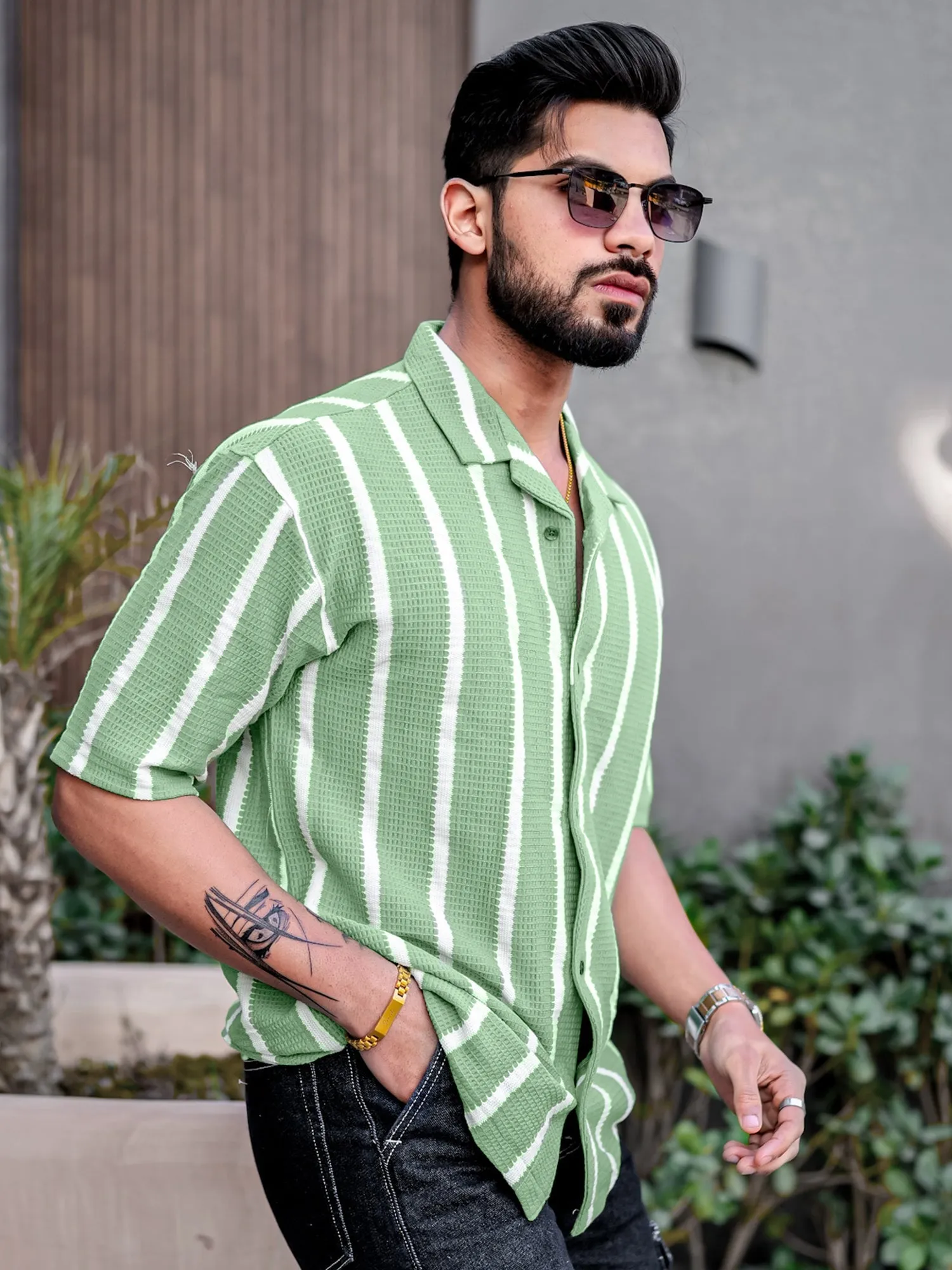 Popcorn Knit Vertical Stripe Green Shirt