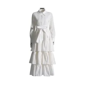 Pre Order:  Eyelet Tiered Ruffles Belted Dress