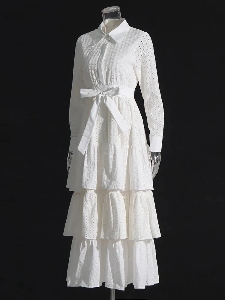 Pre Order:  Eyelet Tiered Ruffles Belted Dress