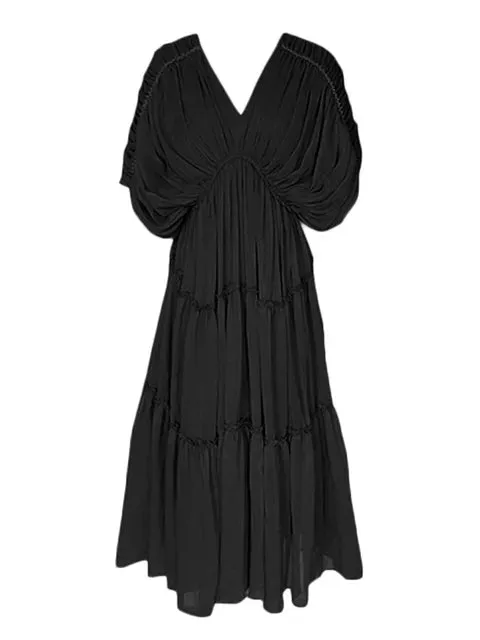 Pre Order:  Pleated Batwing Sleeves Midi Dress