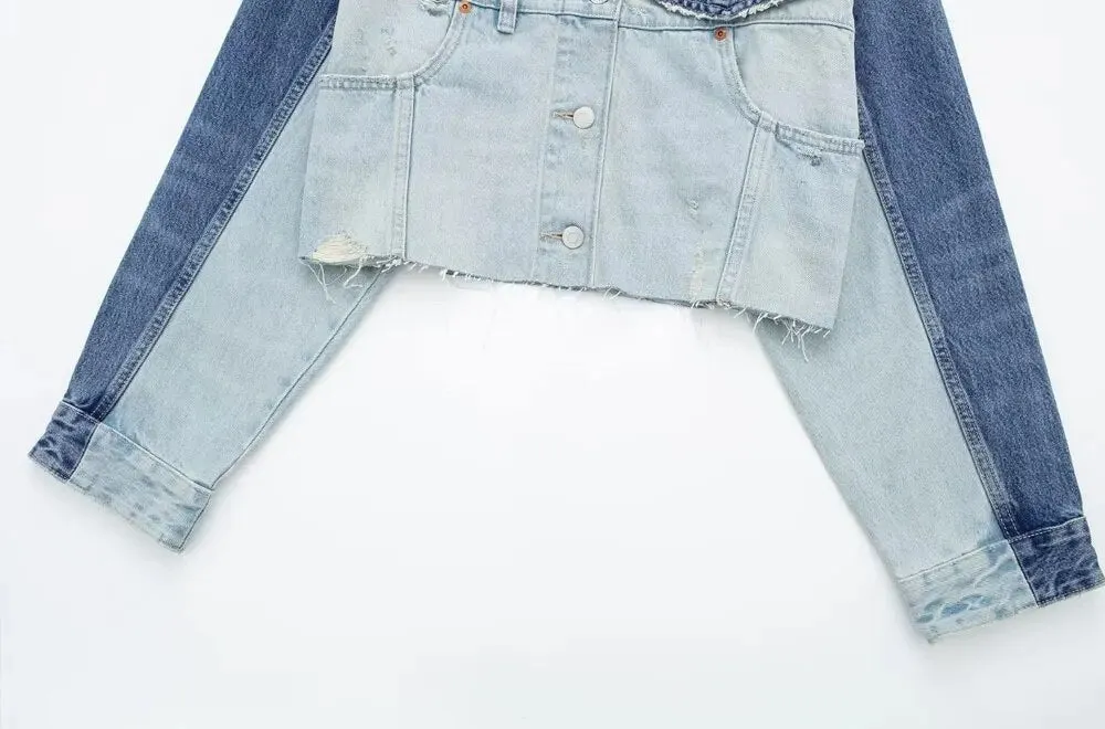 Pre Order:  Ragged Patchwork Denim Cropped Jacket