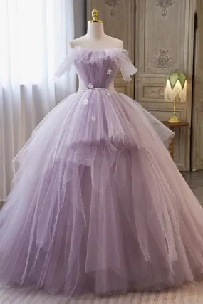 Princess Lavender Tulle Floral Long Prom Dress, Lavender Formal Evening Dress, Purple Ball Gown A1928