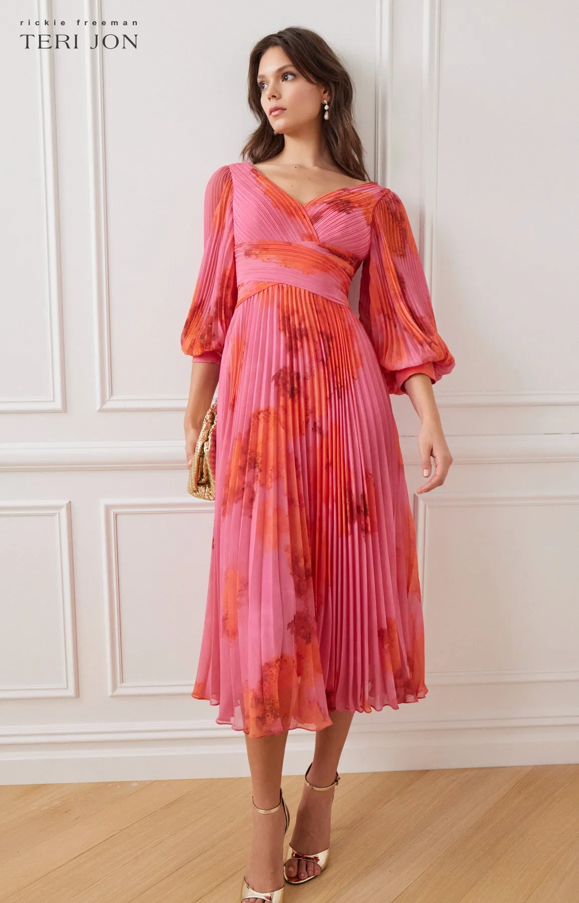 Printed Chiffon Pleated Full Sleeve Dress