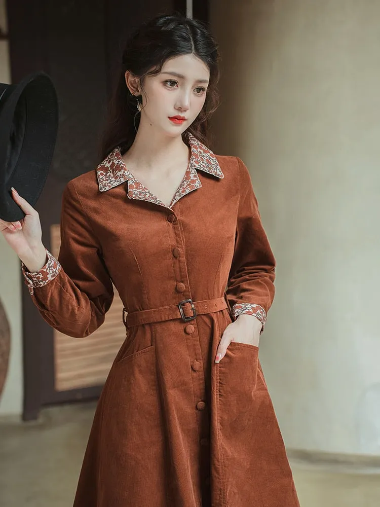 Purpdrank - Modern Elegant Office Lady Outfits Vintage Turn Down Collar Woman Brown Overcoat Dresses With Belt Vestidos Outono Inverno